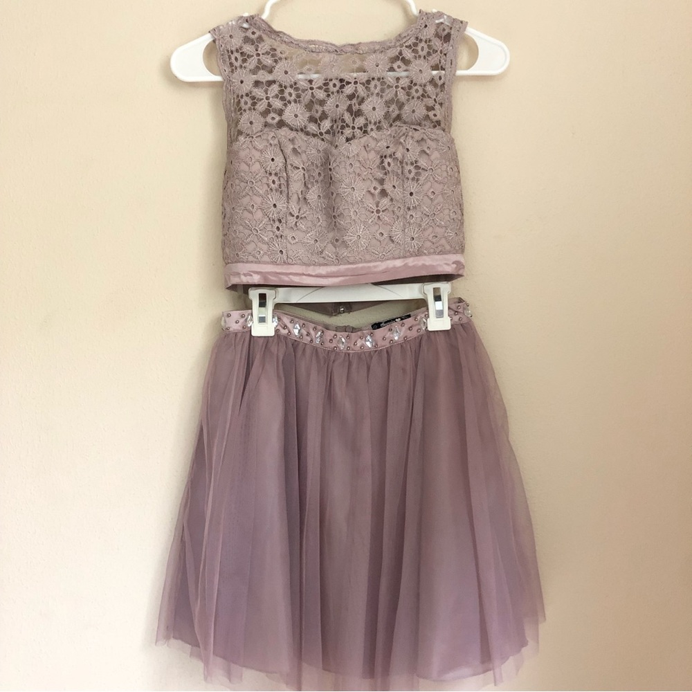 Lilac Juniors Rhinestone Lace Two Piece Dress